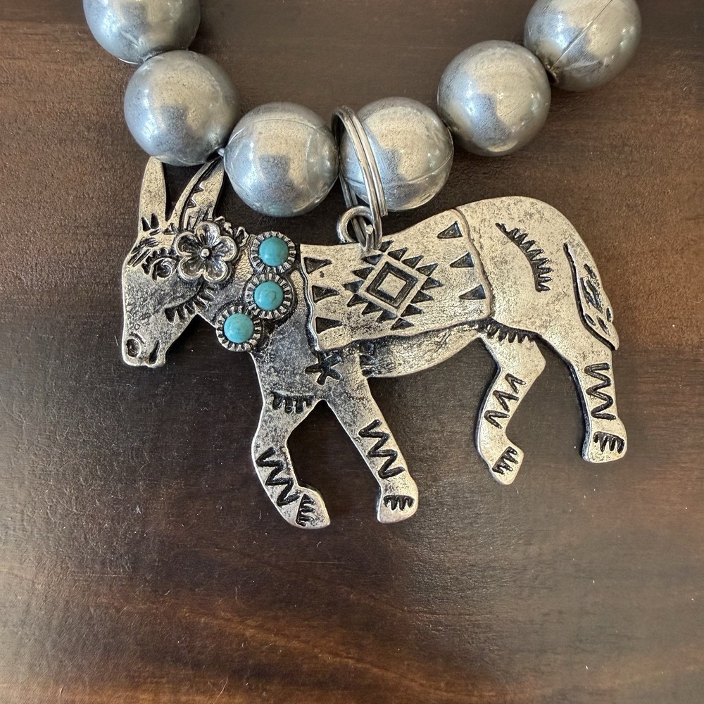 Western Silver Beaded Stretch Bracelet Detailed Donkey Burro Charm Bracelet - Picture 3 of 6